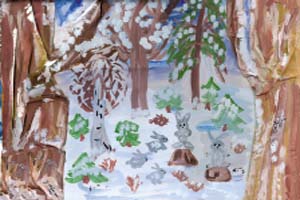 Егор Марков, 7 лет, Соня Дрожжина, 7 лет «На лесной полянке» (коллаж с использованием «сморщенной» ткани)
