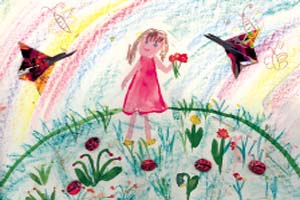 Женя Маркина, 6 лет «Лето» (коллаж с использованием бумажных фигурок оригами (бабочки) и фигурок из теста (божьи коровки)